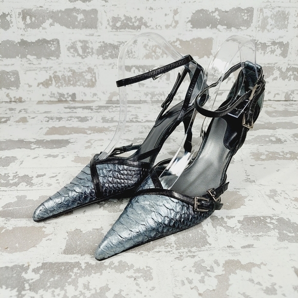 Jazz Metallic Black Blue Pointy Toe Ankle Strap Buckle Crocodile Skin Heels O623 - Picture 2 of 13